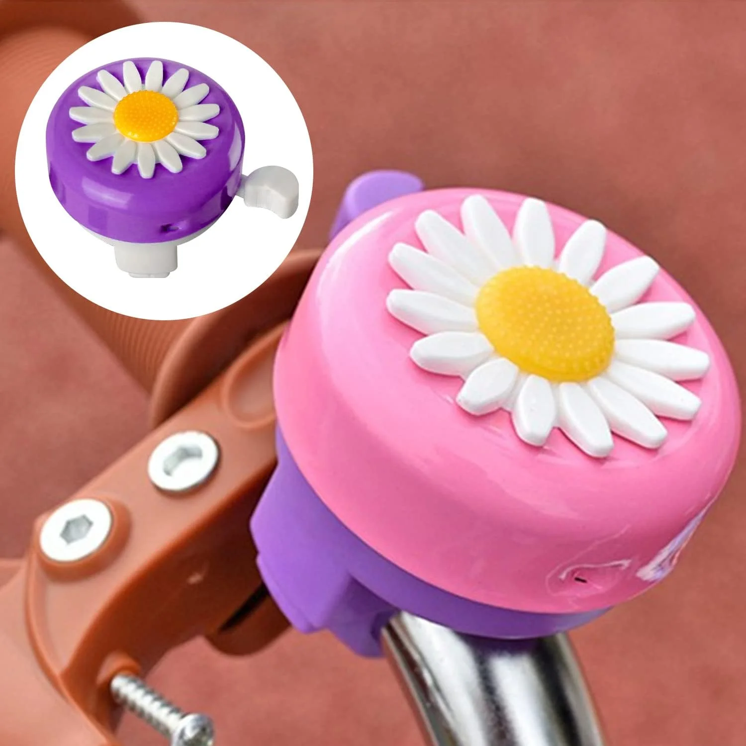 2 عدد زنگ دوچرخه کودکانه، زنگ دوچرخه طرح گل، زنگ زیبا برای کودکان نوپا، مناسب برای پسران و دختران، لوازم جانبی ایده آل برای دوچرخه کودکان (بنفش، صورتی)