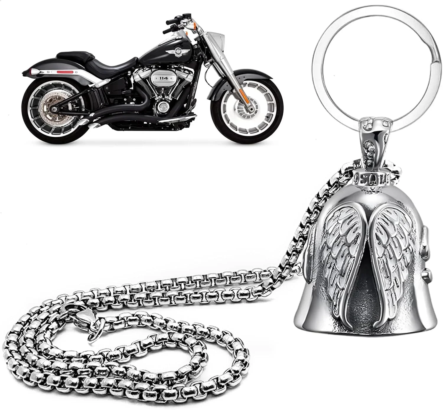 مجموعه زنگ محافظ موتور سیکلت بادوام، زنگ سواری محافظ فرشته با زنجیر، زنگ سواری خوش شانسی موتور سیکلت آلیاژ فلزی، زنگ دوچرخه سواری قابل حمل برای فضای باز، لوازم جانبی موتور سیکلت هدیه برای مرد شوهر