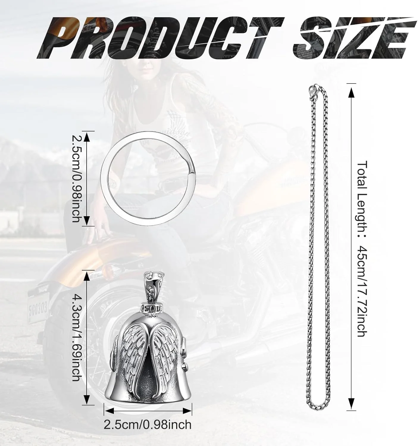 مجموعه زنگ محافظ موتور سیکلت بادوام، زنگ سواری محافظ فرشته با زنجیر، زنگ سواری خوش شانسی موتور سیکلت آلیاژ فلزی، زنگ دوچرخه سواری قابل حمل برای فضای باز، لوازم جانبی موتور سیکلت هدیه برای مرد شوهر