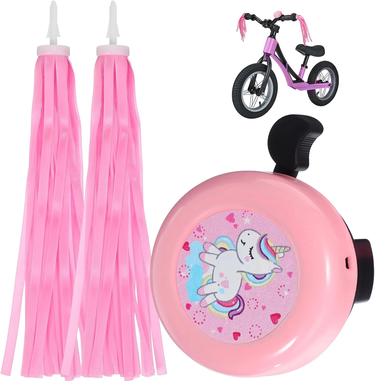 زنگ دوچرخه کودکانه Milisten به همراه 2 عدد روبان دوچرخه، زنگ دوچرخه تک شاخ صورتی برای دختران، زنگ اسکوتر دسته دوچرخه حلقه ای برای لوازم جانبی دوچرخه کودکان