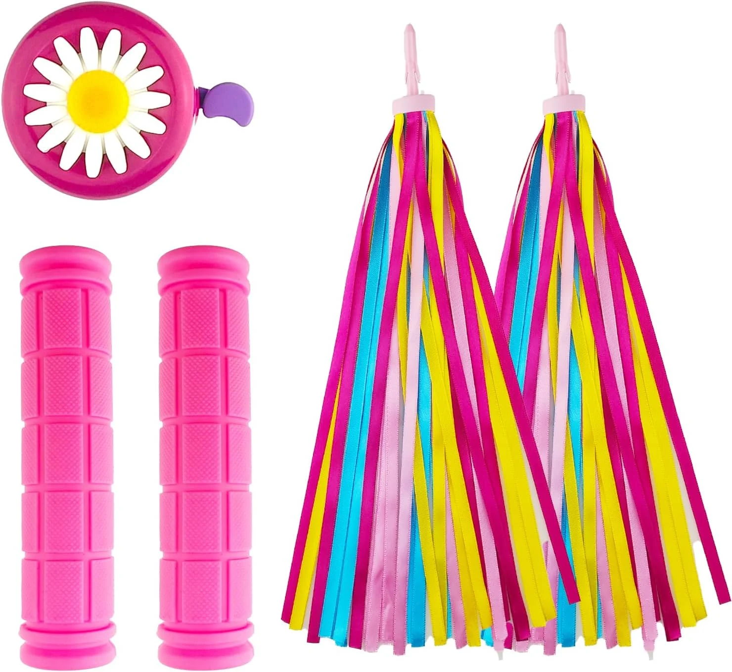 یک جفت تزیینات دسته دوچرخه و اسکوتر، یک عدد زنگ دوچرخه و یک جفت دستگیره دوچرخه