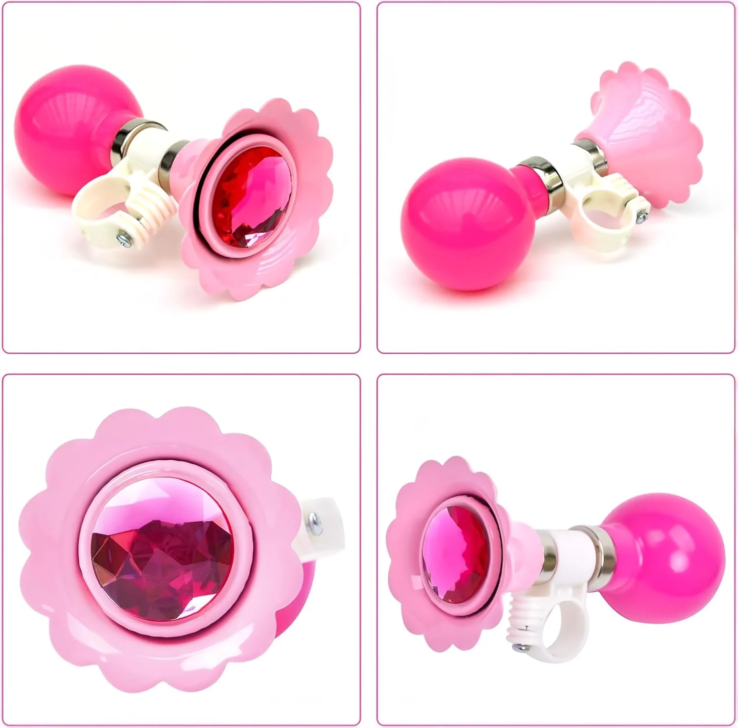 بوق دوچرخه کودک، زنگ دوچرخه بچه گانه به همراه 2 عدد نوار تزیینی دسته دوچرخه، لوازم جانبی دوچرخه برای دختران یا پسران (صورتی)