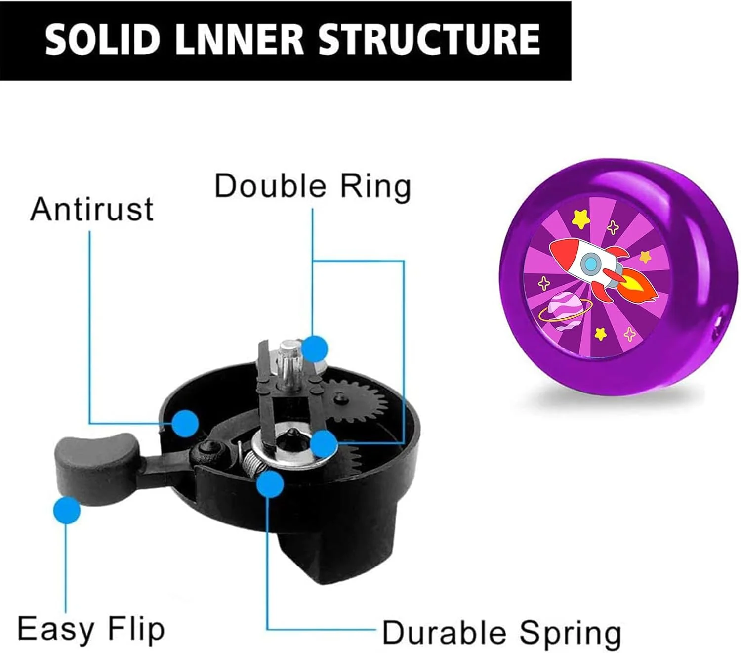 زنگ دوچرخه طرح موشکی KANGHAR برای کودکان دختر و پسر، زنگ دوچرخه با اندازه قابل تنظیم، لوازم جانبی دوچرخه برای بزرگسالان خانم ها آقایان، بوق دوچرخه با صدای واضح بنفش