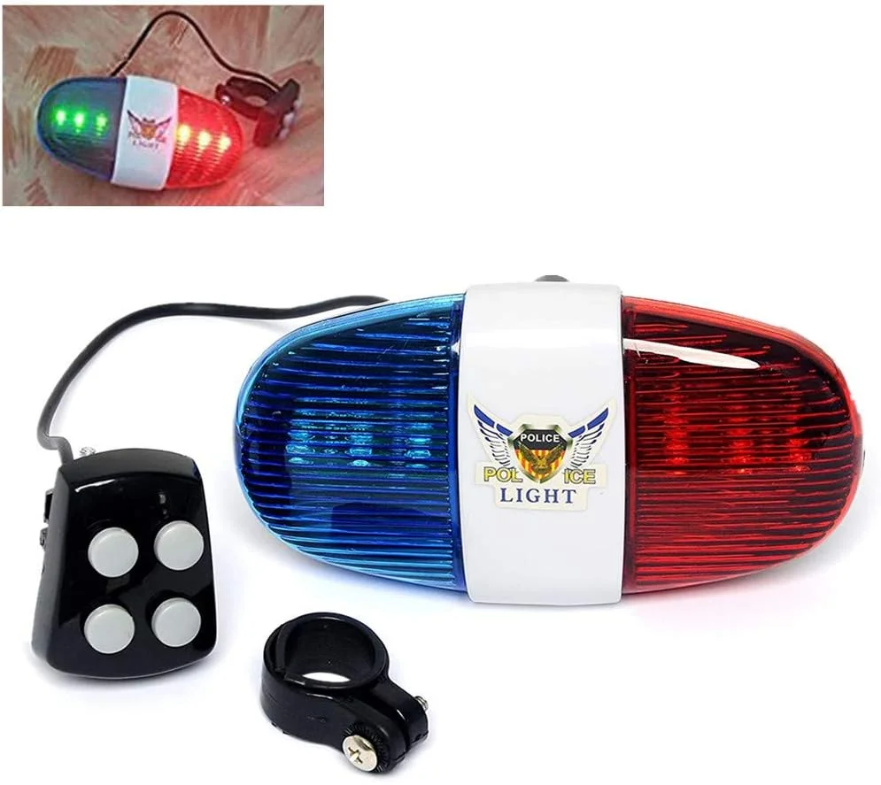 چراغ ال ای دی دوچرخه با صدای آژیر پلیس، بوق الکترونیکی، 6 چراغ ال ای دی، 4 صدای مختلف، زنگ بوق دوچرخه سواری، چراغ هشدار ایمنی ضد آب