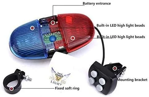 چراغ ال ای دی دوچرخه با صدای آژیر پلیس، بوق الکترونیکی، 6 چراغ ال ای دی، 4 صدای مختلف، زنگ بوق دوچرخه سواری، چراغ هشدار ایمنی ضد آب