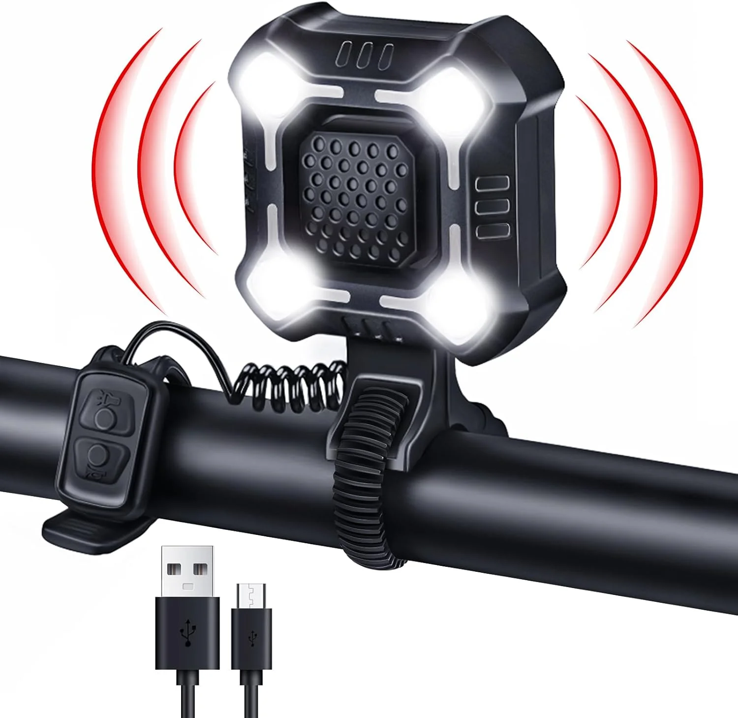 بوق برقی دوچرخه 140dB با چراغ جلو، بوق دوچرخه 2 در 1 با 6 حالت صدا، قابل شارژ USB-C، زنگ دوچرخه با نورافکن با برد بزرگ برای بزرگسالان، کودکان، اسکوتر، دوچرخه برقی، ضد آب IPX6