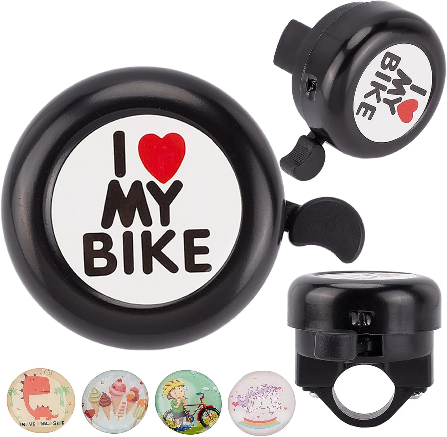 CREATCABIN زنگ دوچرخه طرح "دوچرخه ام را دوست دارم"، زنگ دوچرخه آلیاژ آلومینیوم، صدای بلند و واضح، زنگ فرمان دوچرخه با 4 عدد استیکر رزینی