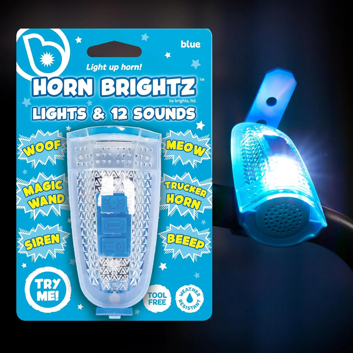 چراغ بوق دوچرخه LED نورانی Brightz HornBrightz - 12 جلوه صوتی منحصر به فرد - زنگ دوچرخه، آژیر پلیس، ماشین آتش نشانی، بوق کامیون، بوق دنده عقب، موتور سیکلت، چوب جادو، گربه، سگ، گاو، اسب