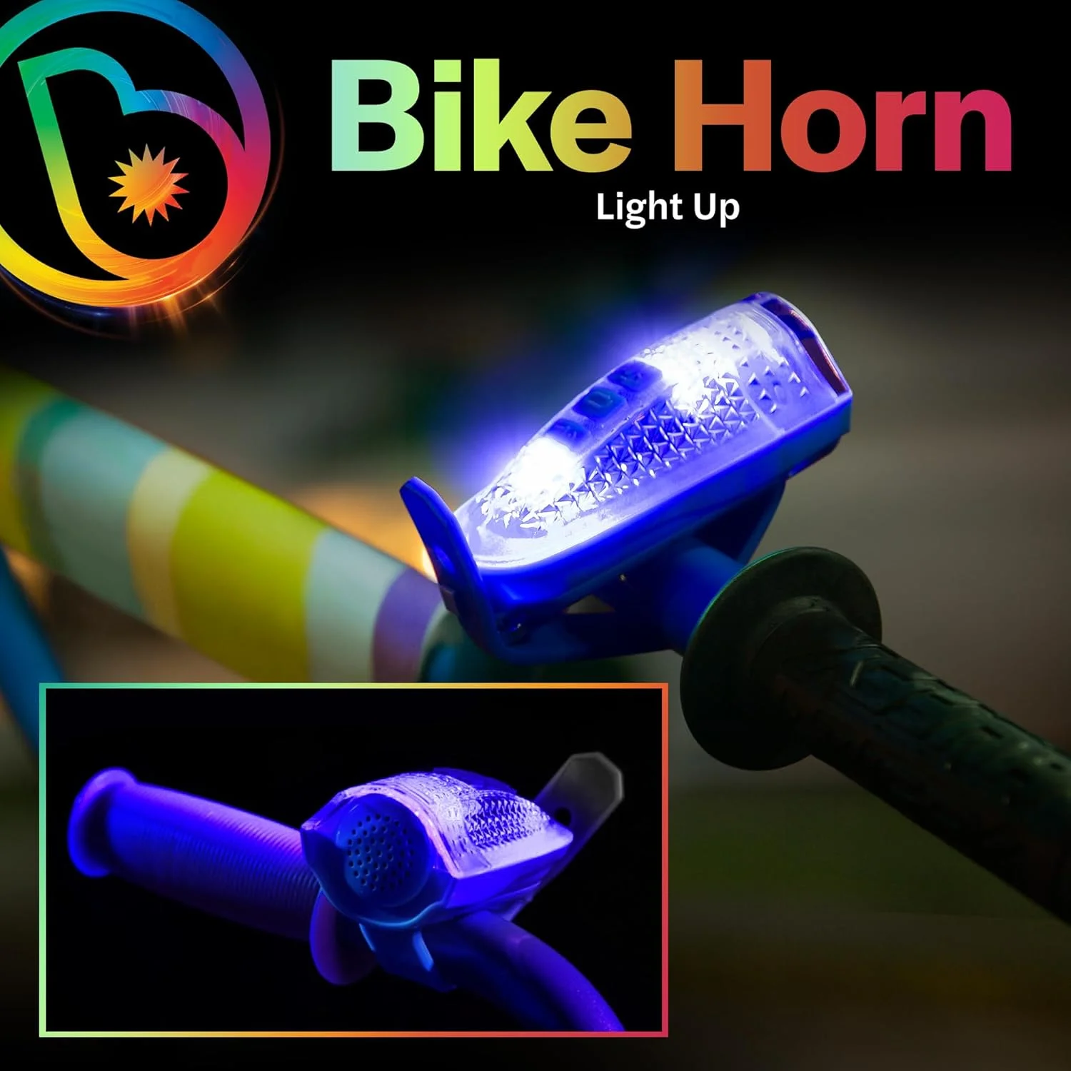 چراغ بوق دوچرخه LED نورانی Brightz HornBrightz - 12 جلوه صوتی منحصر به فرد - زنگ دوچرخه، آژیر پلیس، ماشین آتش نشانی، بوق کامیون، بوق دنده عقب، موتور سیکلت، چوب جادو، گربه، سگ، گاو، اسب