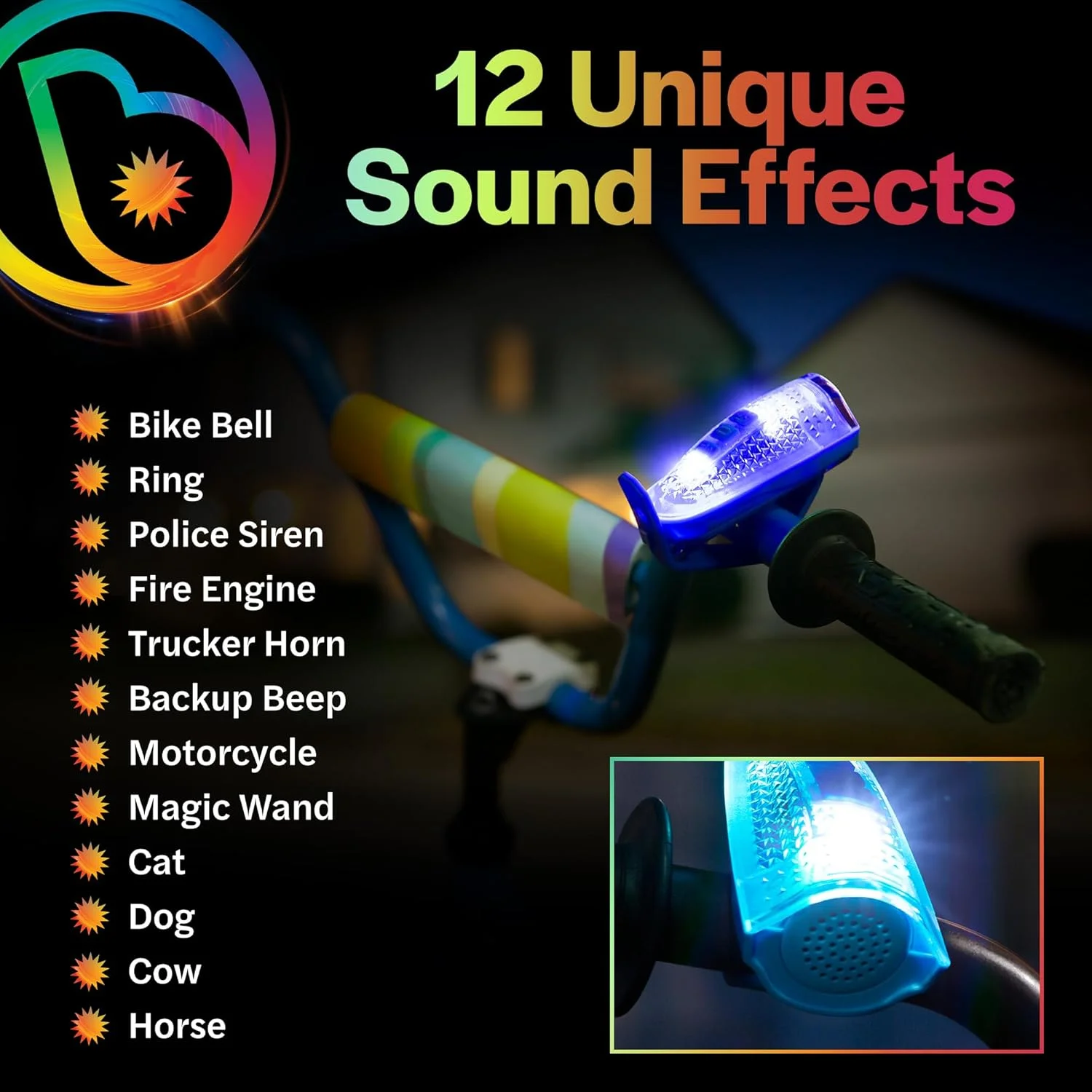 چراغ بوق دوچرخه LED نورانی Brightz HornBrightz - 12 جلوه صوتی منحصر به فرد - زنگ دوچرخه، آژیر پلیس، ماشین آتش نشانی، بوق کامیون، بوق دنده عقب، موتور سیکلت، چوب جادو، گربه، سگ، گاو، اسب