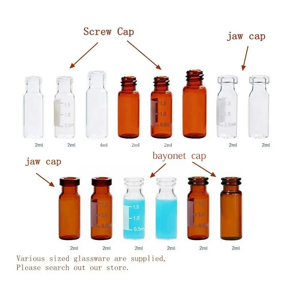 ظروف شیشه ای آزمایشگاهی 10 عددی ویال شیشه ای 2 میلی لیتری شفاف قهوه ای با درب سرنیزه ای، ظروف شیشه ای مایع شفاف 4 سی سی (شفاف، بدون مقیاس)