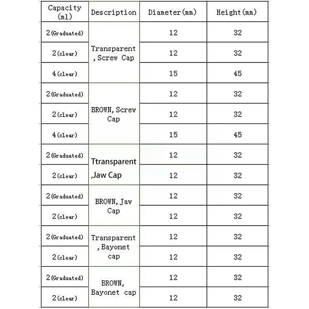 ظروف شیشه ای آزمایشگاهی 10 عددی ویال شیشه ای 2 میلی لیتری شفاف قهوه ای با درب سرنیزه ای، ظروف شیشه ای مایع شفاف 4 سی سی (شفاف، بدون مقیاس)