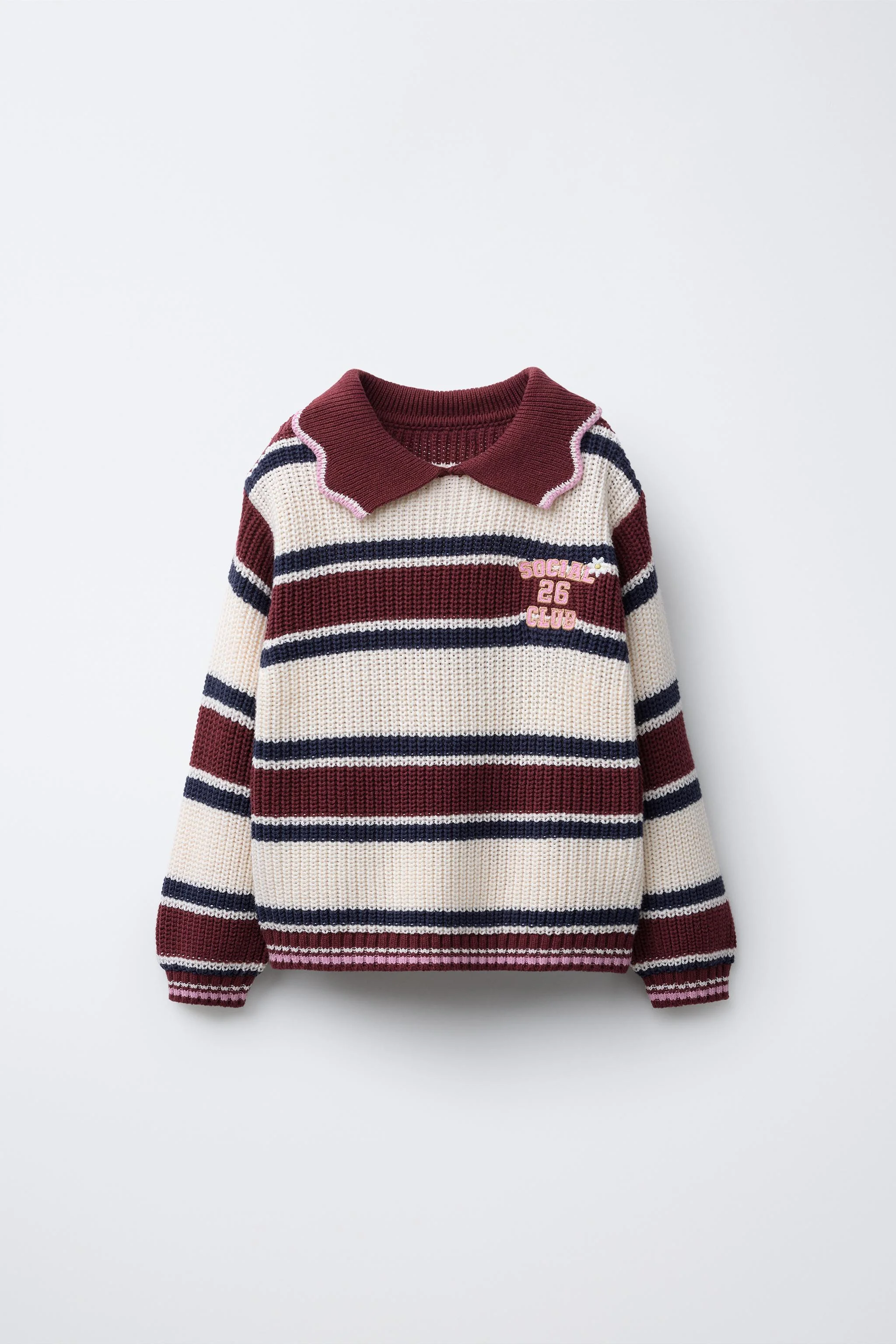 پلیور بافتنی یقه پولو راه راه با جزئیات گلدوزی