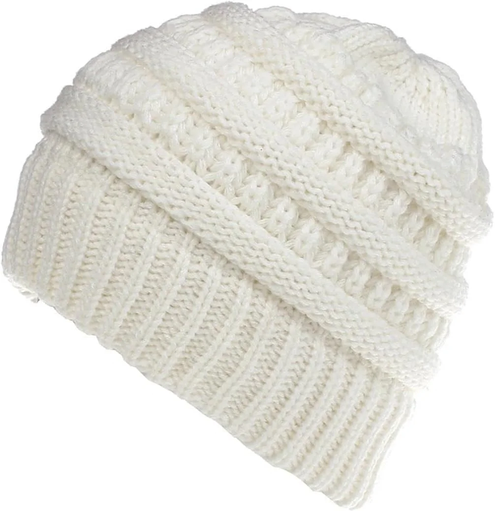 کلاه بافتنی نرم کشی زنانه با سوراخ، کلاه دم اسبی زمستانی گرم حرارتی، کلاه بافتنی شل و ول برای ورزش های فضای باز (سفید)