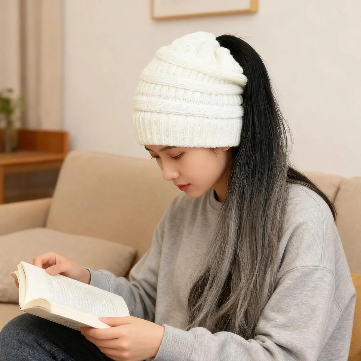 کلاه بافتنی نرم کشی زنانه با سوراخ، کلاه دم اسبی زمستانی گرم حرارتی، کلاه بافتنی شل و ول برای ورزش های فضای باز (سفید)