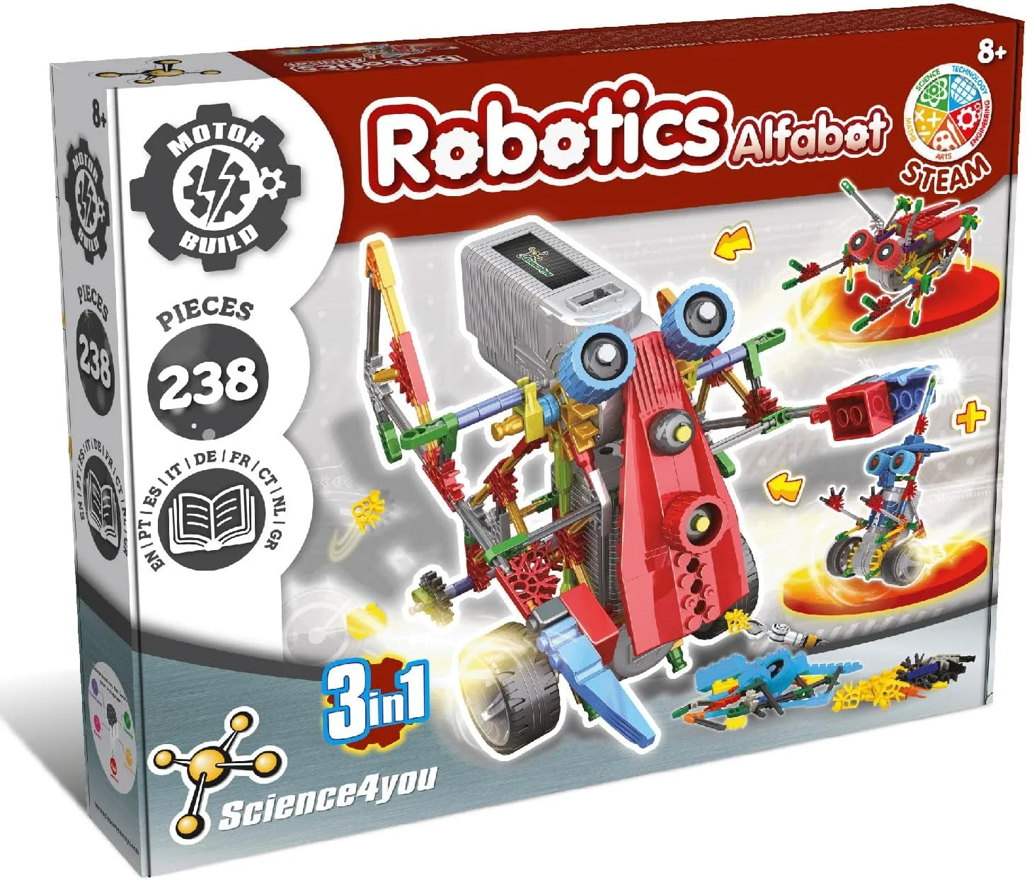 Science4you Robotics Alfabot - کیت ساخت ربات برای کودکان، 238 قطعه - ربات های خود را بسازید و آنها را به حرکت درآورید - 3 ربات مختلف در 1 اسباب بازی - اسباب بازی آموزشی STEM برای کودکان 8-14 سال