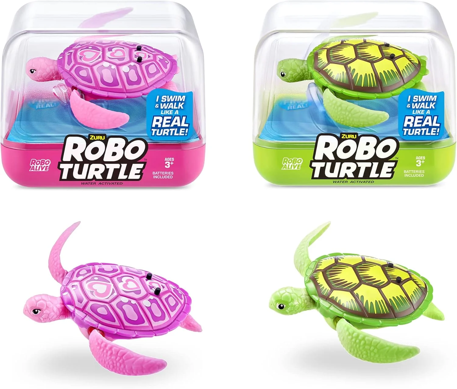 لاک پشت رباتیک شناگر Robo Turtle Robo ALIVE (سبز + صورتی) از ZURU، فعال شده با آب، همراه با باتری، انحصاری (2 عددی)