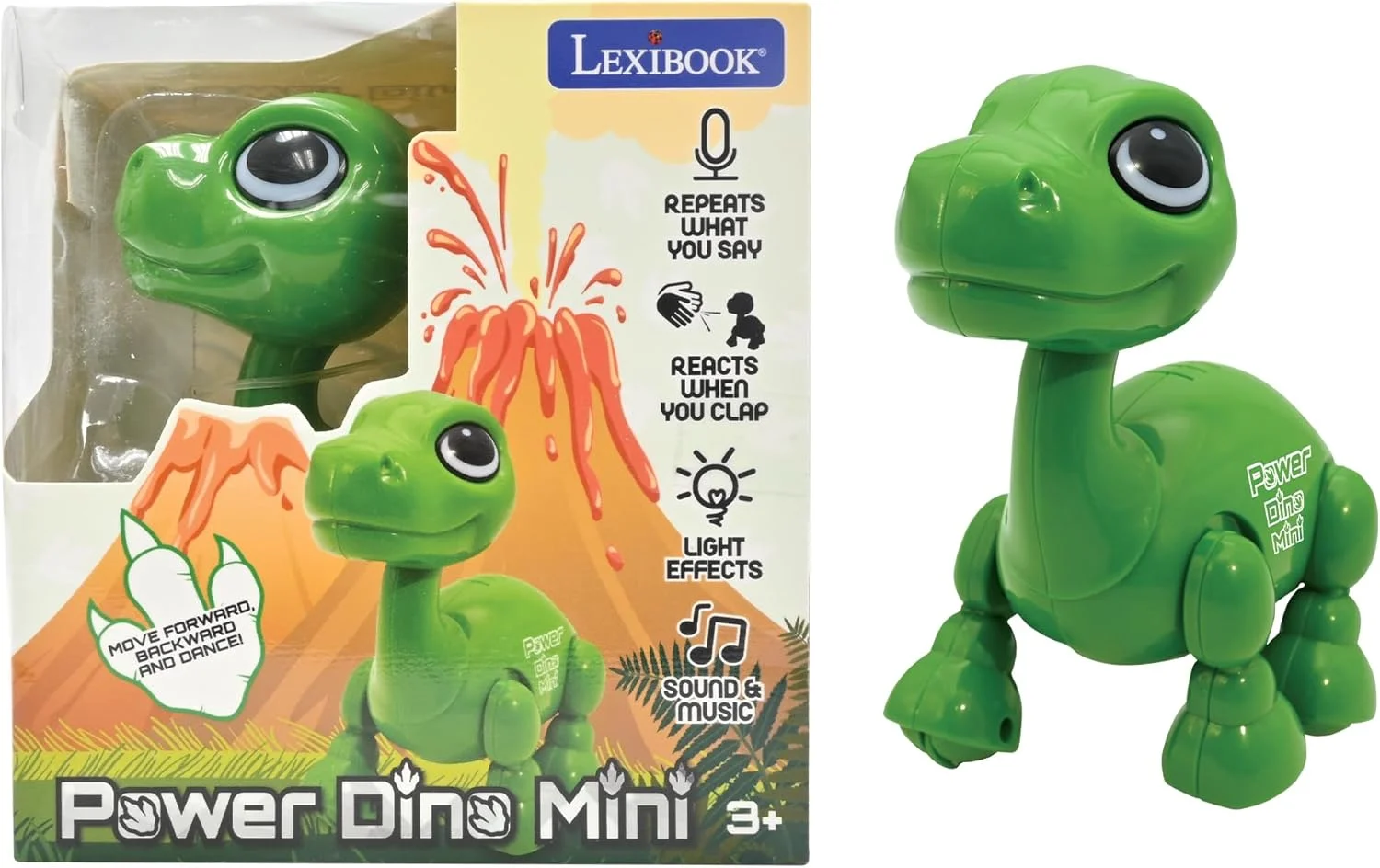 ربات دایناسور کوچک Lexibook Power Dino Mini - ربات دایناسور من با صداها، موسیقی، جلوه های نوری، تکرار صدا و واکنش صوتی، اسباب بازی برای پسران و دختران - ROB02DINO