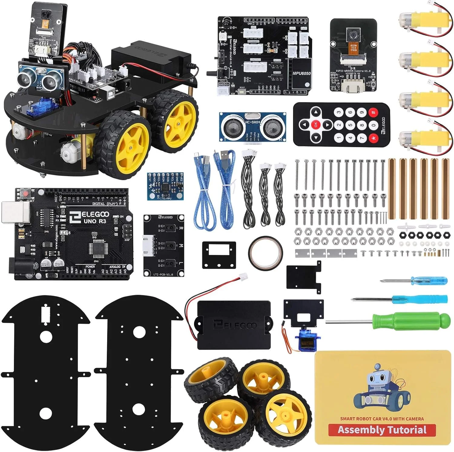 کیت ماشین ربات هوشمند پروژه ELEGOO UNO R3 V4 با UNO R3، ماژول ردیابی خط، سنسور التراسونیک، کنترل از راه دور IR و غیره. کیت رباتیک اسباب بازی هوشمند و آموزشی برای یادگیرندگان آردوینو