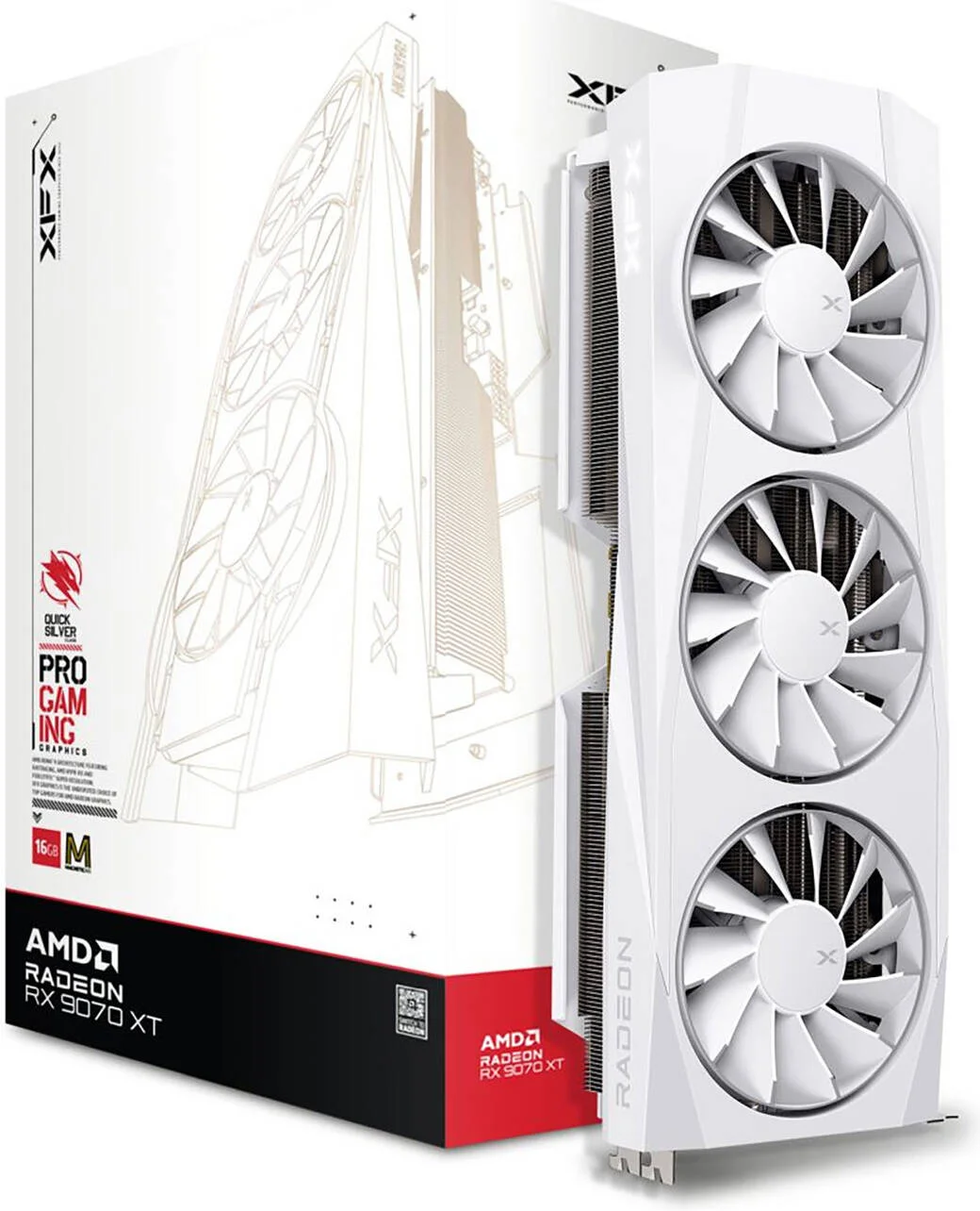 کارت گرافیک XFX Quicksilver AMD Radeon RX 9070 XT White Magnetic Air Edition، حافظه 16 گیگابایت GDDR6 256 بیتی، فرکانس بوست 2970 مگاهرتز، 4096 پردازنده جریانی، فرکانس حافظه 20 گیگابیت بر ثانیه، PCI-E 5.0 | RX-97TMAQKW9