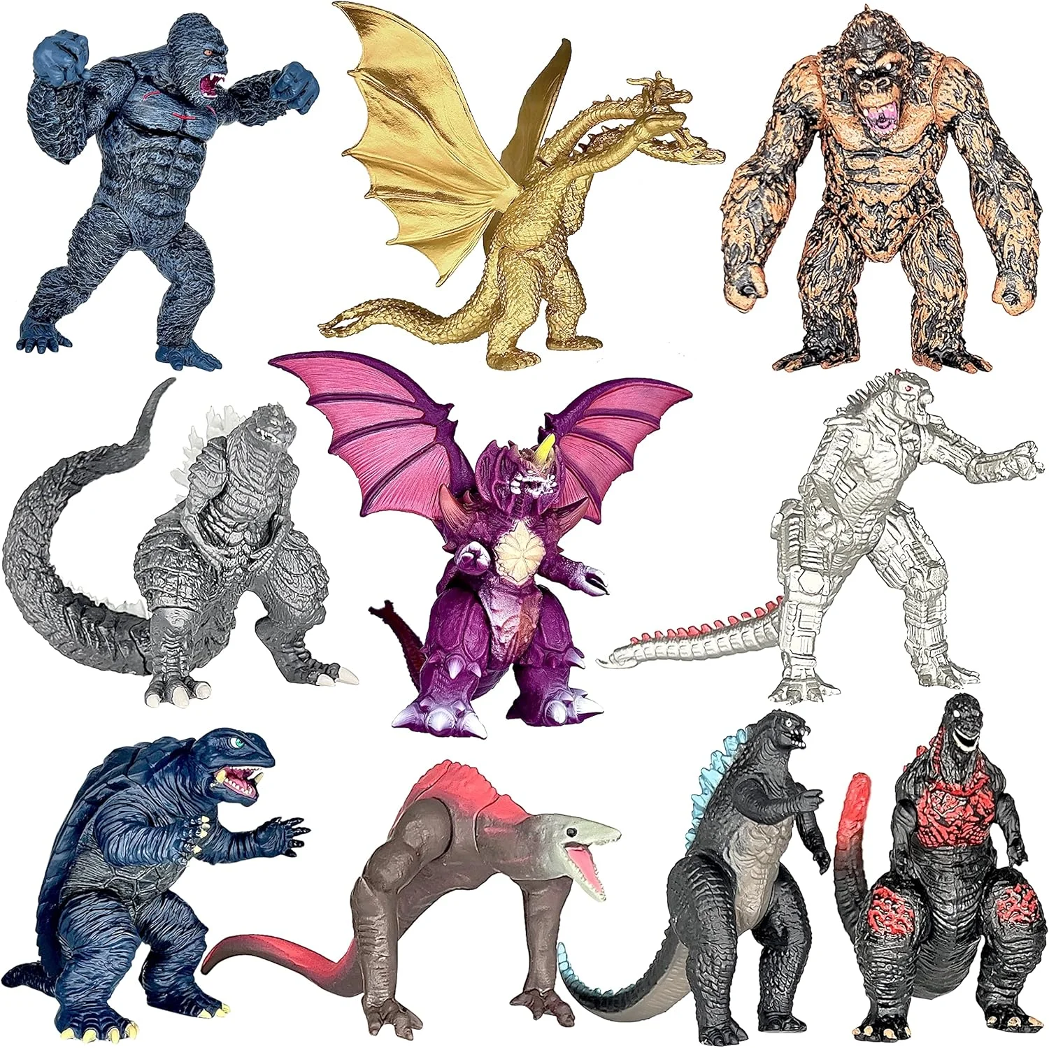 مجموعه انحصاری 10 عددی فیگورهای اکشن مفصلی گودزیلا در برابر کونگ، پادشاه هیولاها، دایناسور شین، التیما، گامرا، گیدورا، خزنده جمجمه، دسترویا، مکان گودزیلا، مناسب برای تزیین کیک