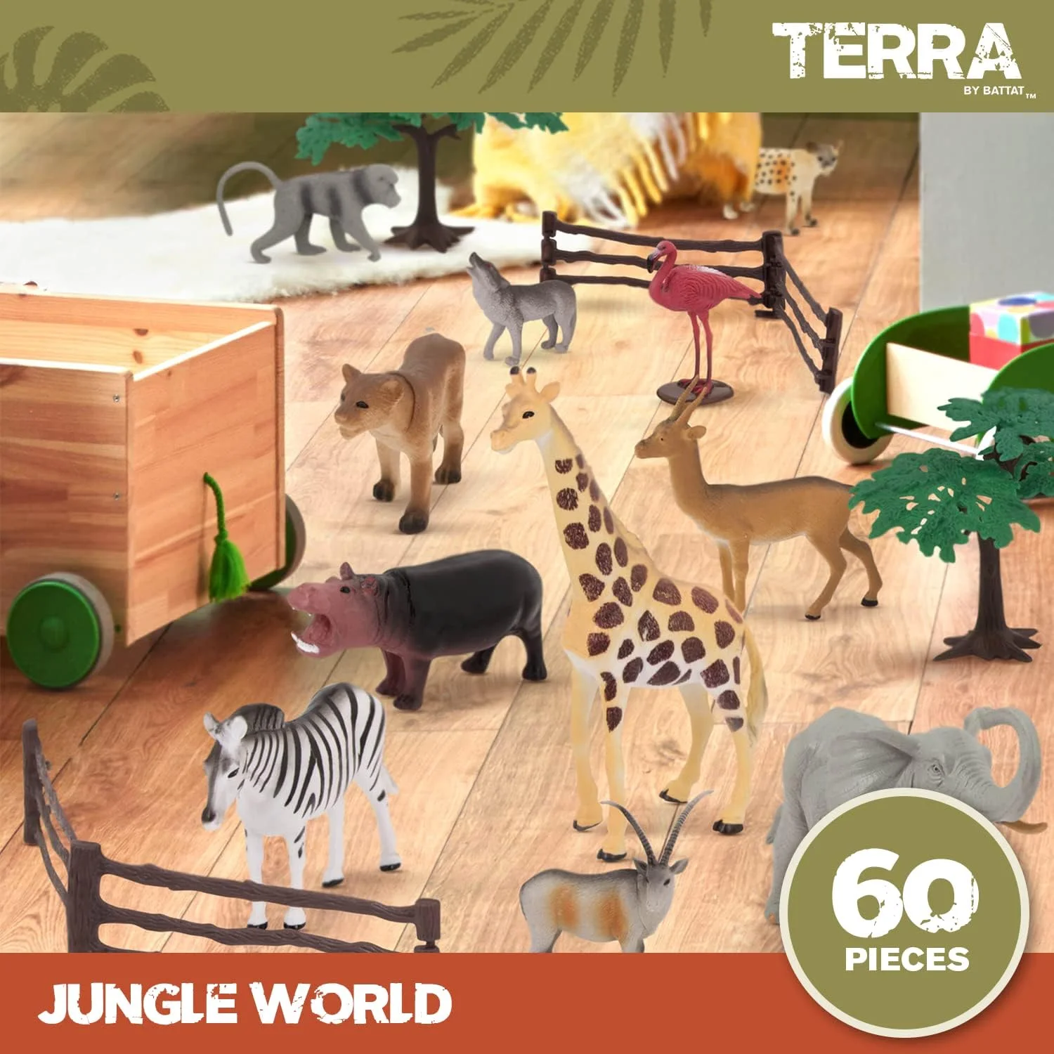 مجموعه بازی دنیای جنگل Terra by Battat | 60 قطعه اسباب بازی شامل اسب آبی، شیر، زرافه و موارد دیگر با طراحی واقعی و رنگ آمیزی دستی | فیگورهای بادوام سافاری برای کودکان 3 سال به بالا | اسباب بازی های آموزشی برای کودکان نوپا و بزرگتر