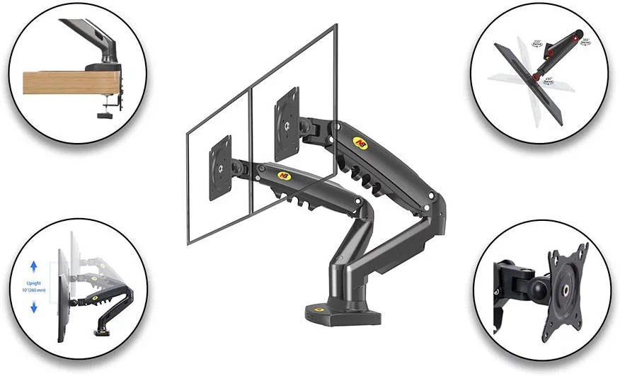 بازوی مانیتور دوگانه فنری گازی Skill Tech Premium، سایز صفحه نمایش 17 تا 27 اینچ، ظرفیت وزنی 9 کیلوگرم، چرخش 360 درجه صفحه نمایش، تا 2 عدد مانیتور، نصب گیره ای، مشکی | SH-F160