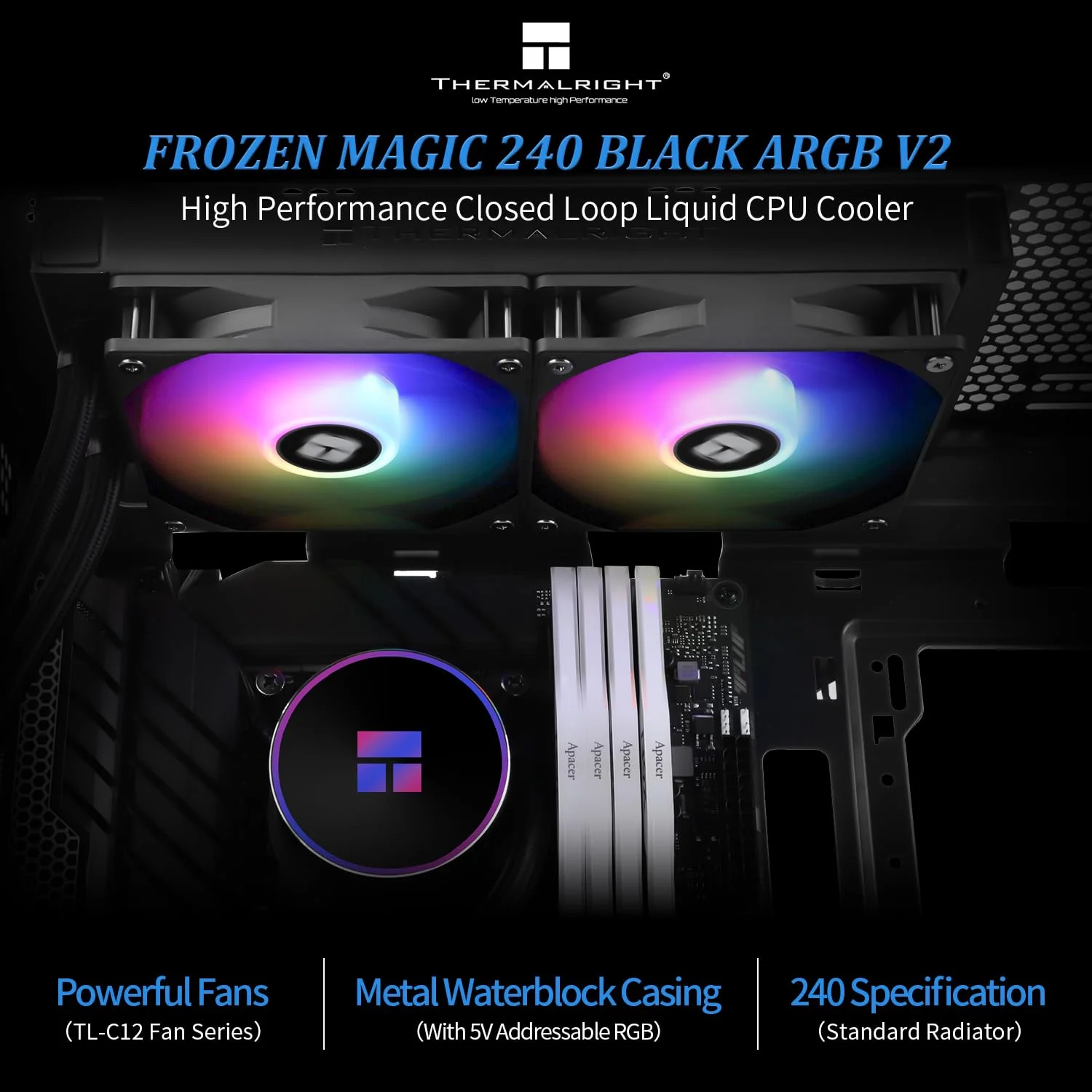 خنک کننده مایع پردازنده Frozen Magic 240 Black ARGB V2، دارای دو فن PWM با عملکرد بالا با سرعت 1600 دور در دقیقه، برای Intel LGA1150/1151/1200/2011/1700 و AMD:AM4/AM5، خنک کننده پردازنده Aio، رادیاتور خنک کننده مایع 240 - تصویر 2