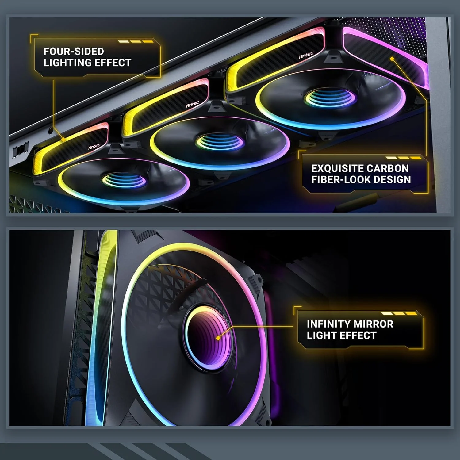 فن های خنک کننده ARGB انتک Orbit 120، فن های PWM برای کامپیوتر، فن 120 میلی متری، فن کیس PWM، جلوه آینه بی نهایت، 2000 دور در دقیقه، بلبرینگ FDB، سری Orbit بسته 3 عددی