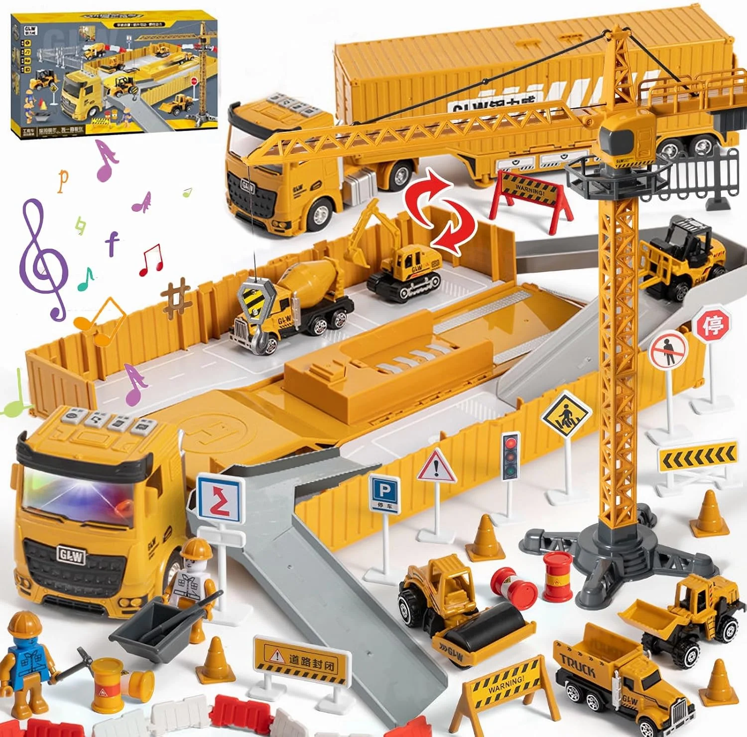 ست اسباب بازی ماشین های ساختمانی شامل جرثقیل، بیل مکانیکی، لیفتراک، بولدوزر، کامیون کمپرسی، میکسر سیمان و غلطک راه سازی مناسب کودکان 3 تا 5 سال