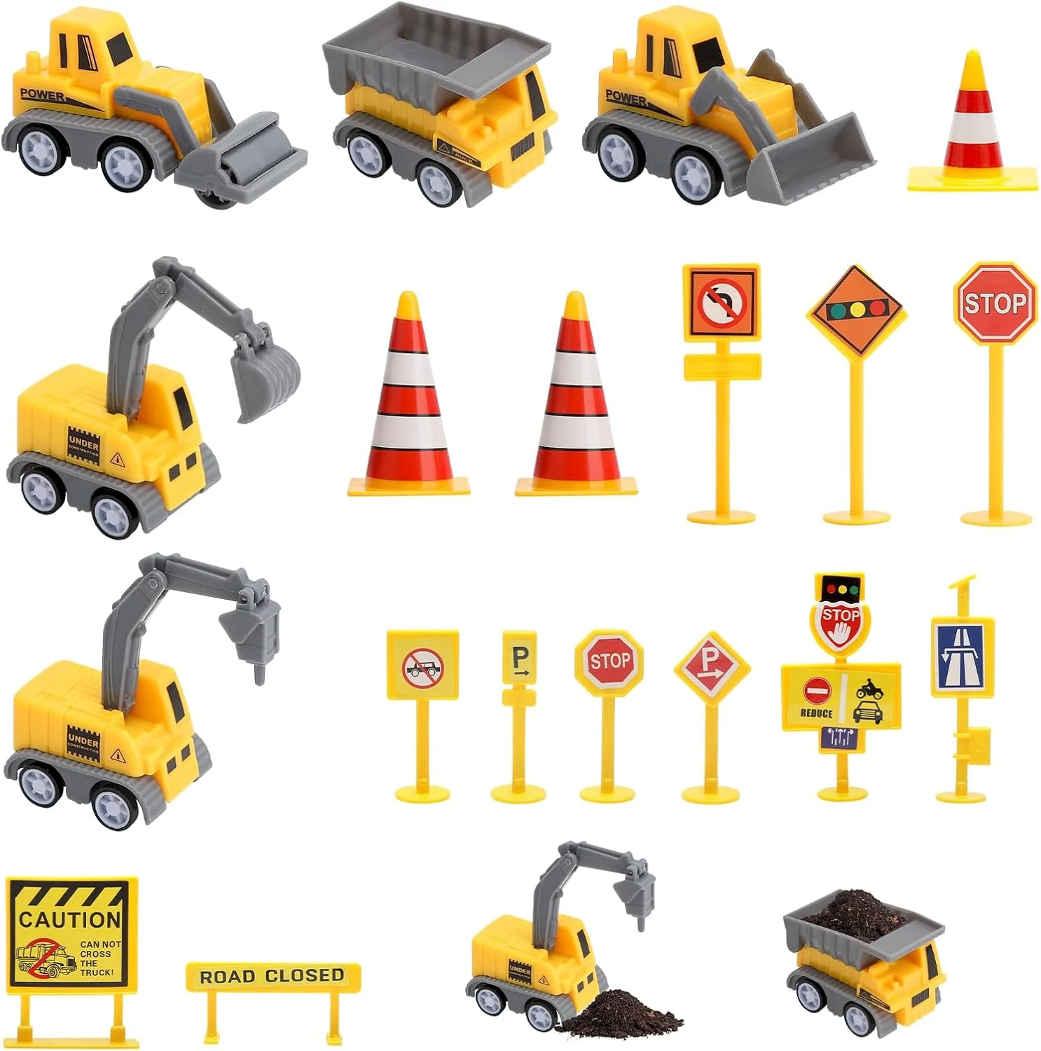 مجموعه تزئین کیک با تم بیل مکانیکی، تزئین مینیاتوری کیک با طرح ساخت و ساز، لوازم جانبی علائم راهنمایی و رانندگی در محل ساخت و ساز، ماشین اسباب بازی