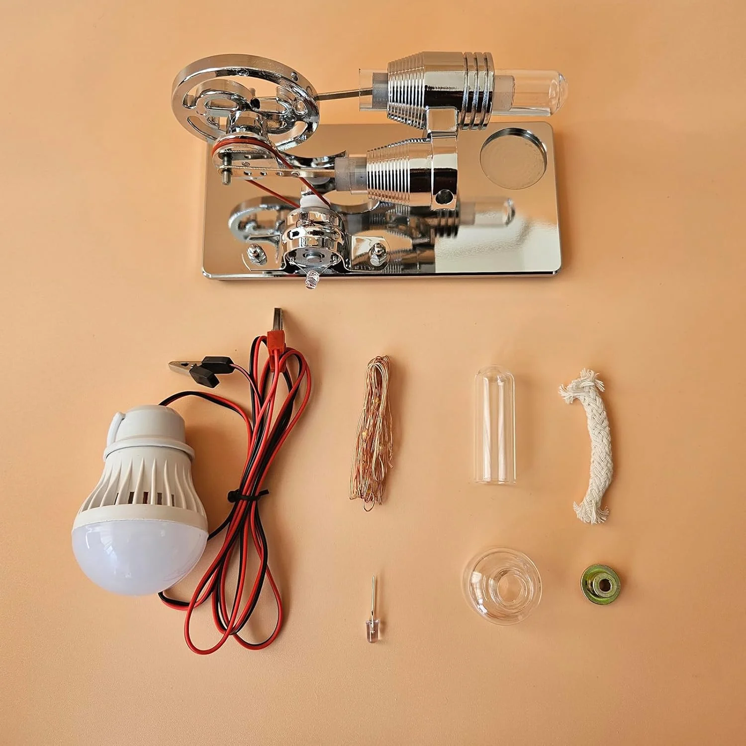 مدل موتور استرلینگ داغ ViaGasaFamido آلیاژ آلومینیوم CNC با لامپ LED، ژنراتور برق آموزشی برای بزرگسالان (نقره ای)