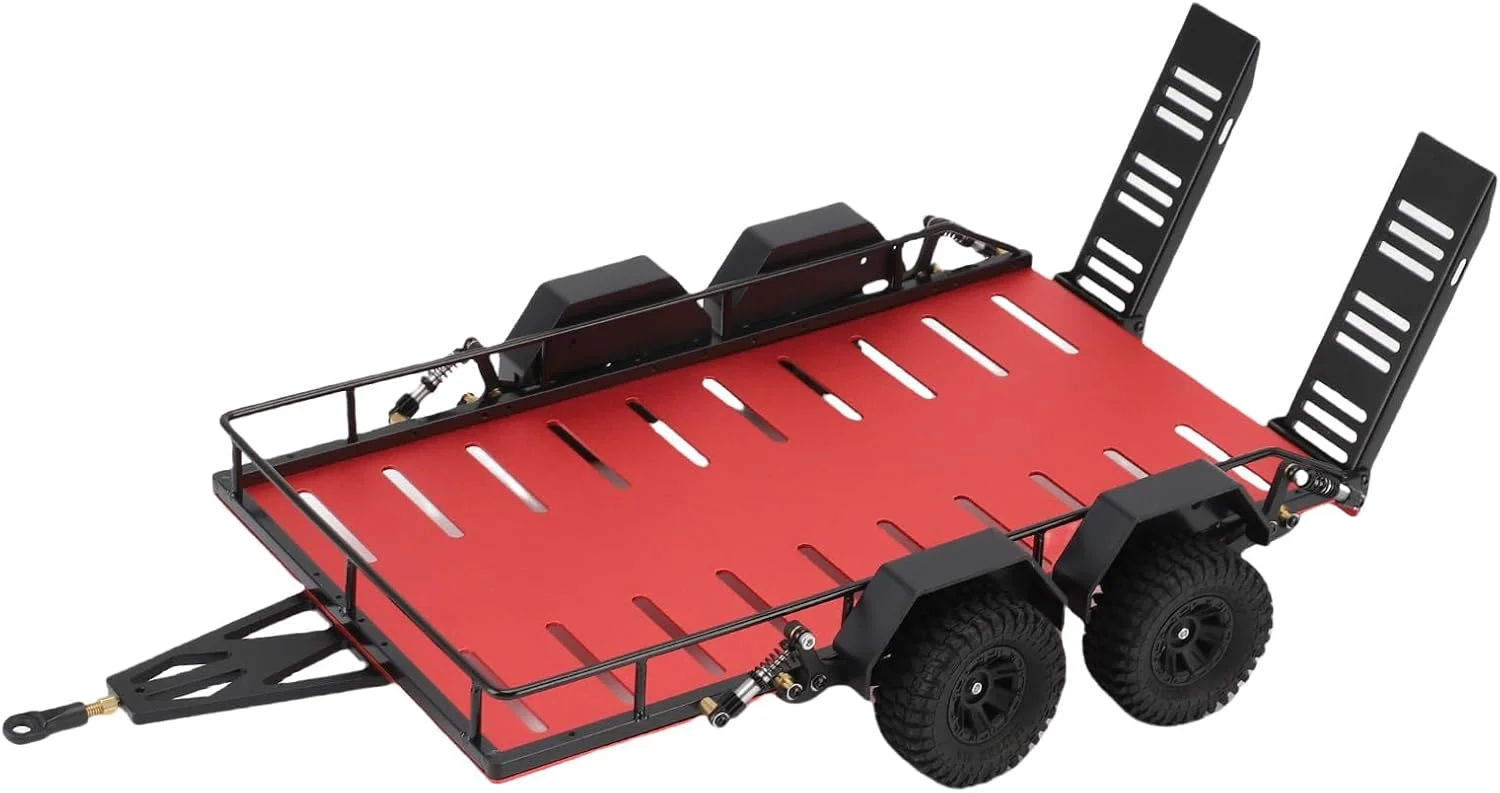 تریلر آرسی آلیاژ آلومینیومی Sorandy 1/18 با 4 چرخ، تریلر تخت فلزی آرسی شبیه سازی شده با قلاب، ایده آل برای حمل و نقل وسایل نقلیه مدل (قرمز)
