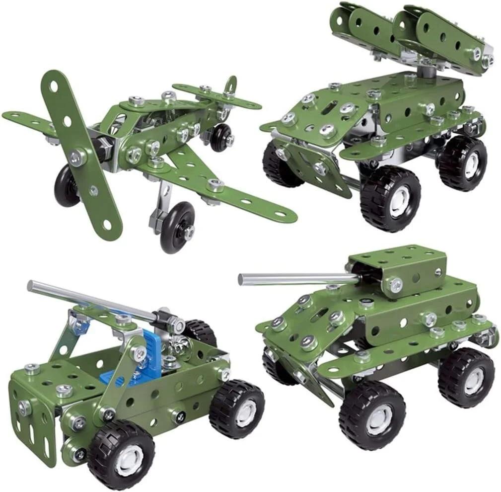 مجموعه اسباب بازی های آموزشی روبیک DIY STEM، شامل تانک نظامی، ماشین تهاجمی، هواپیما، کامیون، اسباب بازی های ارتشی برای پسران 8 سال به بالا، مجموعه اسباب بازی های آموزشی ساختنی فلزی خلاقانه 4 در 1