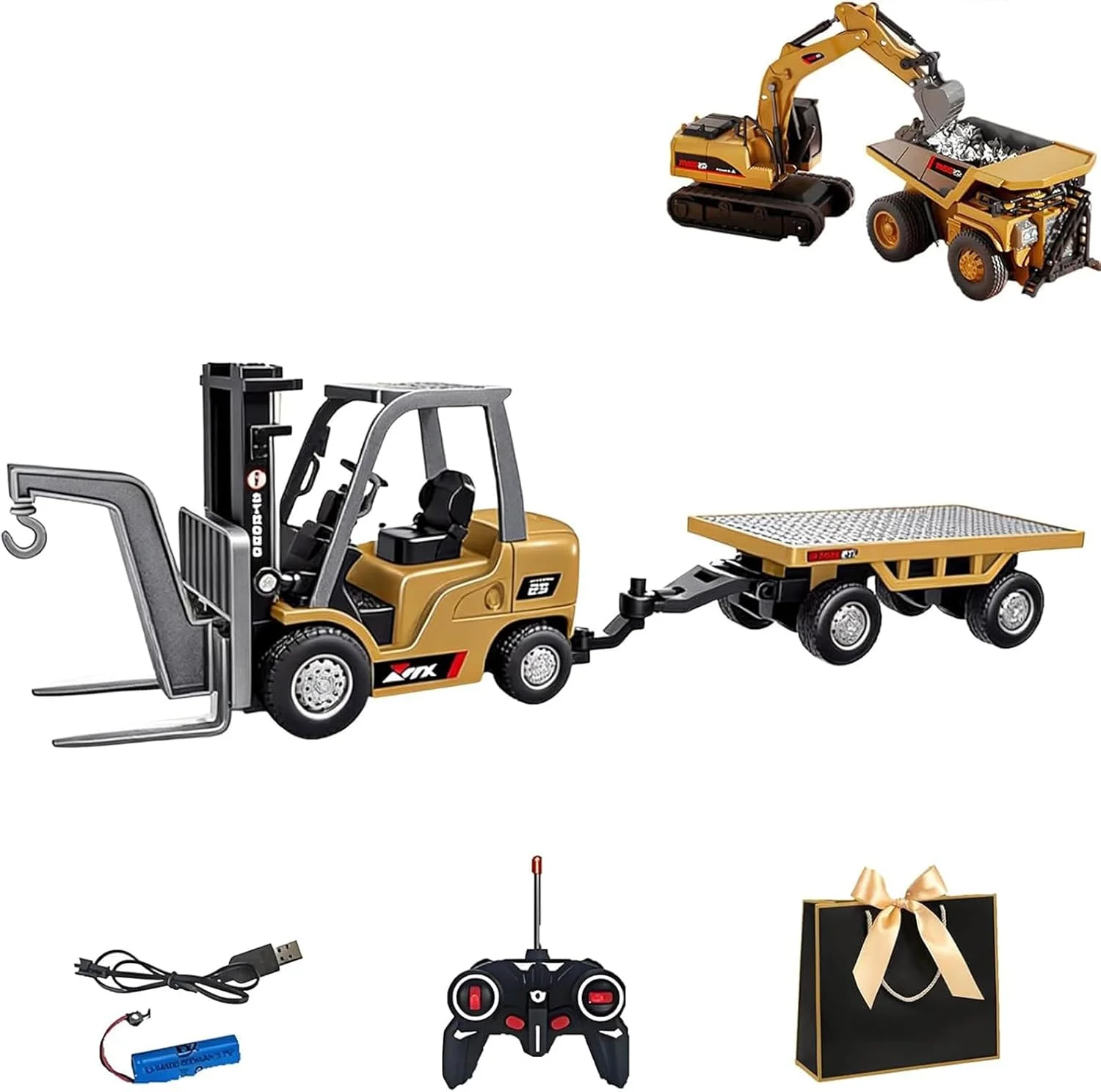 مجموعه مینی بیل مکانیکی کنترلی، آلیاژ ممتاز 1:64 شامل لیفتراک، بیل مکانیکی و کامیون کمپرسی، دارای 3 حالت سرعت و قابلیت خاموش کردن چراغ ها با کنترل از راه دور برای کودکان (A)