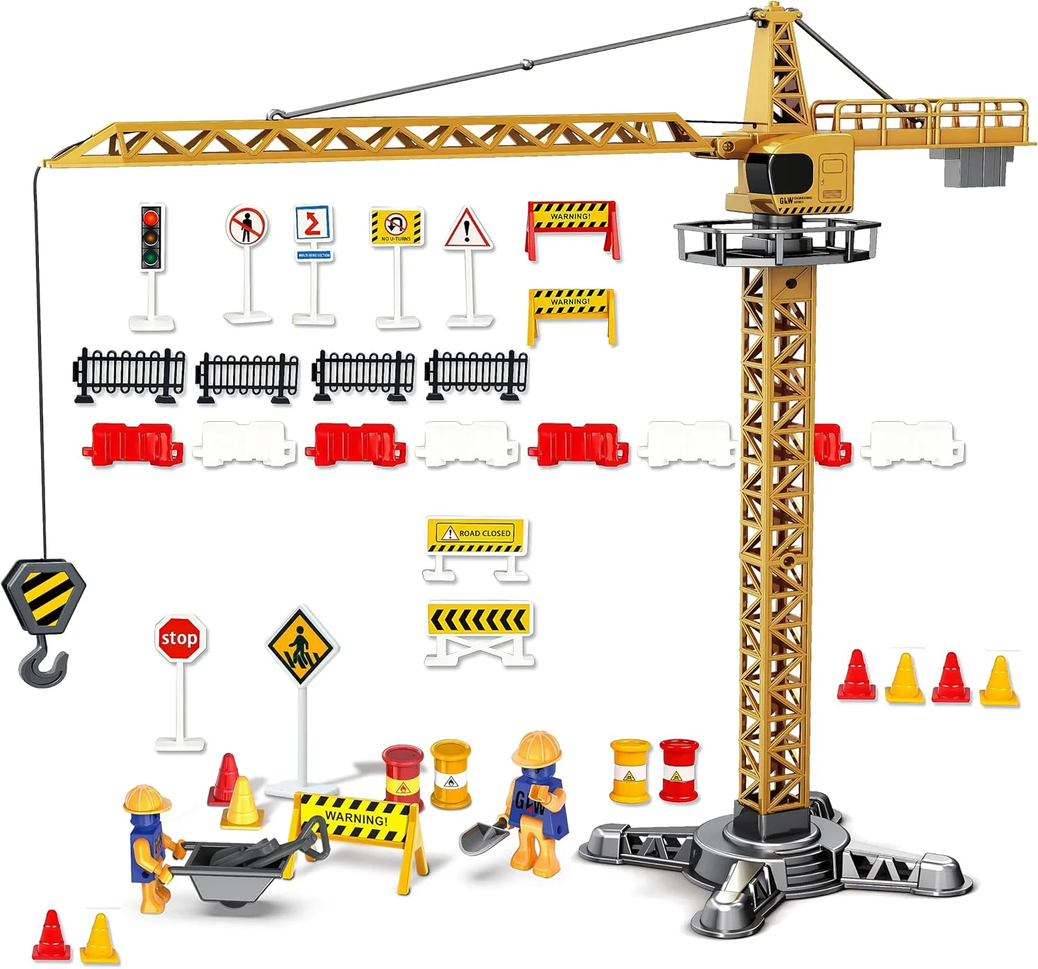 مجموعه اسباب بازی جرثقیل برجی فلزی NB NB NB شامل 45 قطعه با فیگورهای جرثقیل، علائم راهنمایی و رانندگی و لوازم جانبی چراغ راهنمایی، مدل اسباب بازی مهندسی آلیاژی جرثقیل برجی 1:55 برای کودکان و بزرگسالان