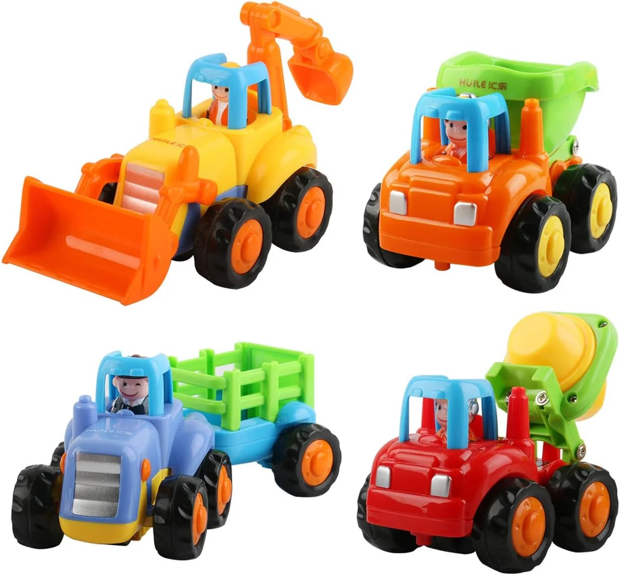 ماشین های اسباب بازی OKPOW برای کودکان 1 سال به بالا، اسباب بازی های آموزشی اولیه کودک، مجموعه 4 عددی وسایل نقلیه ساختمانی هل دادنی و قدرتی اصطکاکی برای کودکان نوپا، پسران و دختران - تراکتور، بولدوزر، میکسر کامیون، کامیون ها