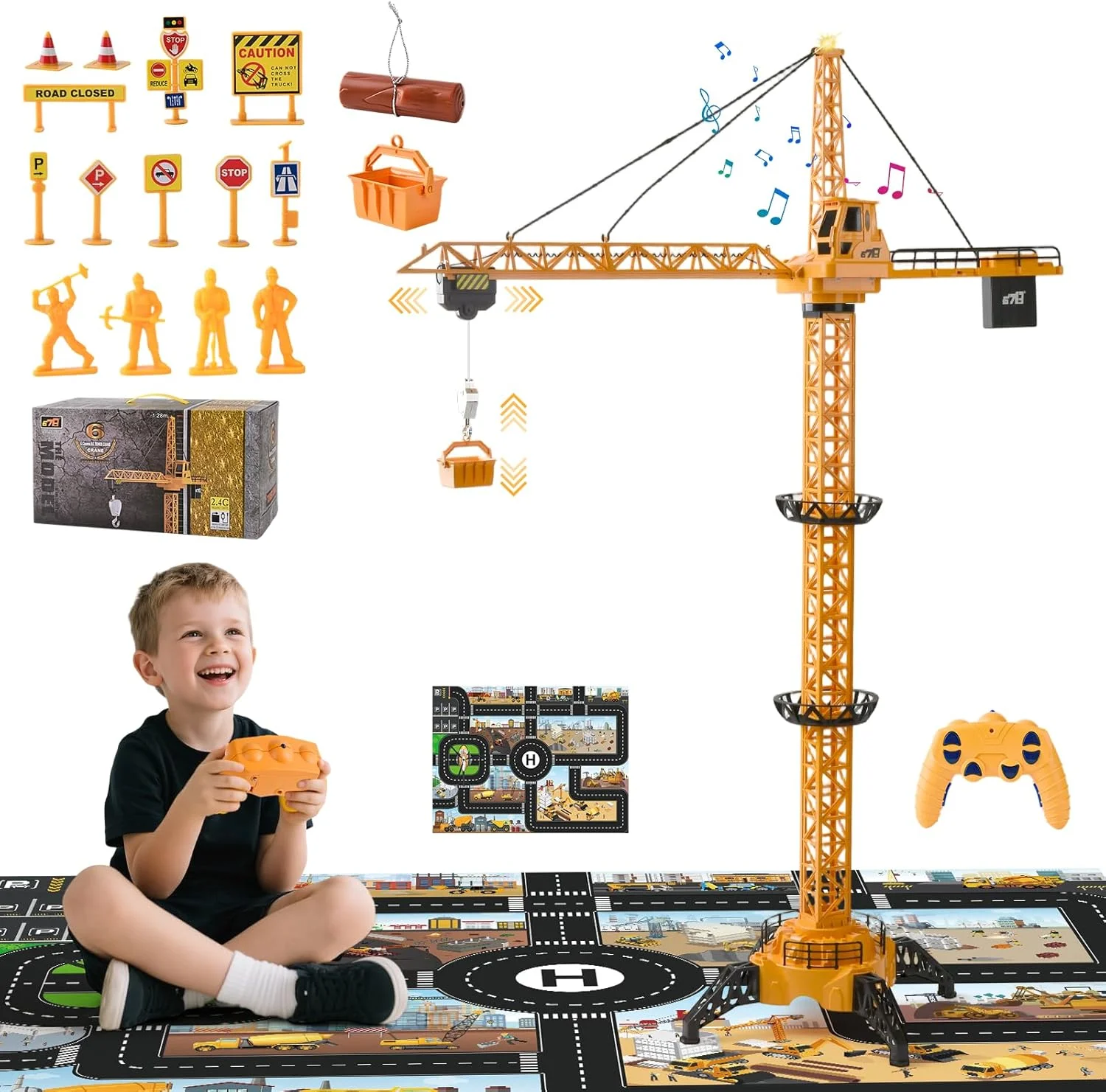جرثقیل برجی کنترلی 128 سانتی متری RC با کنترل از راه دور 2.4 گیگاهرتز، 6 کانال و چرخش 680 درجه، جرثقیل ساختمانی الکتریکی با نور و صدا برای کودکان از 3 سال