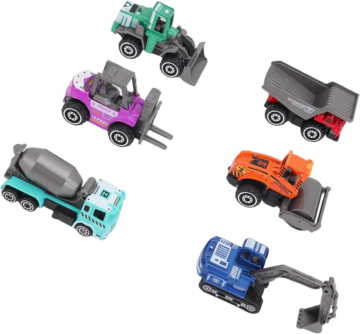 مجموعه ماشین آلات ساختمانی جیاوو، وسایل نقلیه آلیاژی رنگارنگ شامل بیل مکانیکی، لیفتراک، غلتک جاده، میکسر سیمان، کامیون کمپرسی و بولدوزر برای کودکان و کلکسیونرها