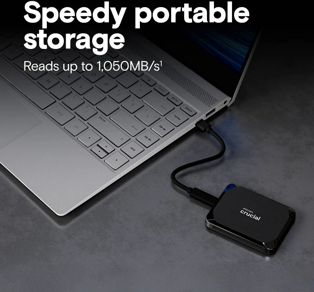 اس اس دی اکسترنال قابل حمل کروشیال X9، ظرفیت 2 ترابایت، سرعت خواندن ترتیبی 1050 مگابایت بر ثانیه، رابط USB 3.2 Gen-2 (10 گیگابیت بر ثانیه)، مشکی | CT2000X9SSD9