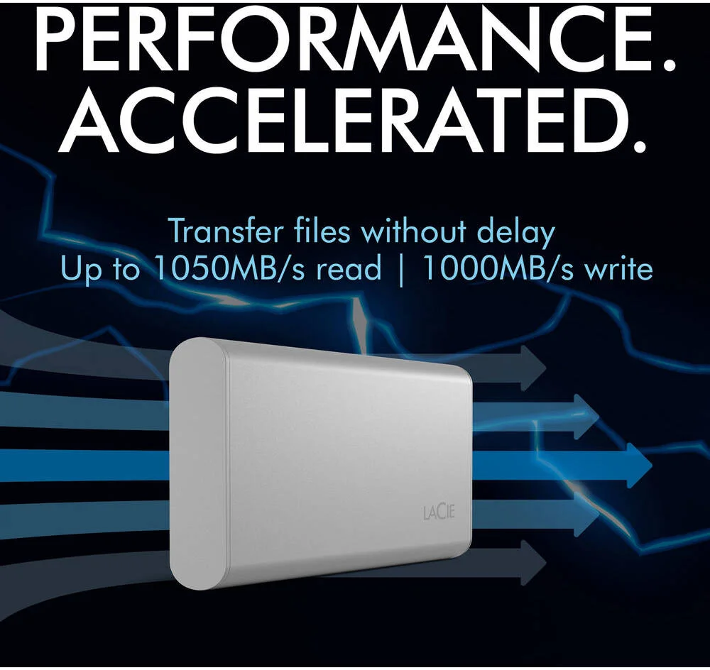 درایو حالت جامد اکسترنال قابل حمل 500 گیگابایتی LaCie، رابط USB-C / USB 3.2، سرعت تا 1050 مگابایت بر ثانیه، مقاومت در برابر سقوط از ارتفاع 6.5 فوت، برای مک، کامپیوتر و آیپد، نقره ای | STKS500400