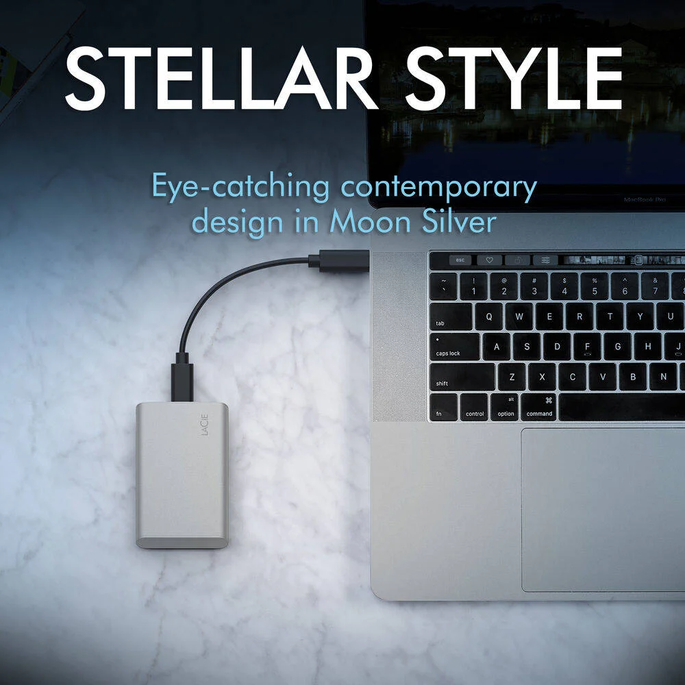 درایو حالت جامد اکسترنال قابل حمل 500 گیگابایتی LaCie، رابط USB-C / USB 3.2، سرعت تا 1050 مگابایت بر ثانیه، مقاومت در برابر سقوط از ارتفاع 6.5 فوت، برای مک، کامپیوتر و آیپد، نقره ای | STKS500400