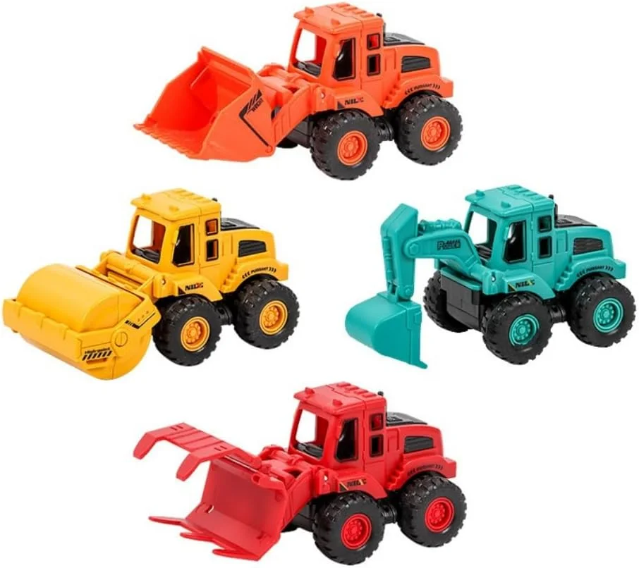 مجموعه ۴ عددی اسباب بازی ماشین های ساختمانی کودکانه، شامل بیل مکانیکی، کامیون، تراکتور، بولدوزر و کمپرسی