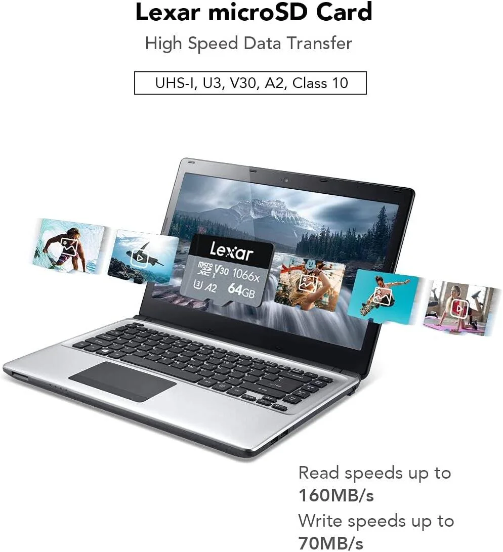 کارت حافظه میکرو اس دی Lexar Professional 1066x با ظرفیت 64 گیگابایت، کارت microSDXC UHS-I به همراه آداپتور SD سری نقره ای، سرعت خواندن تا 160 مگابایت بر ثانیه، برای دوربین های اکشن، پهپادها، تلفن های هوشمند و تبلت های پیشرفته (LMS1066064G-BNAAG)