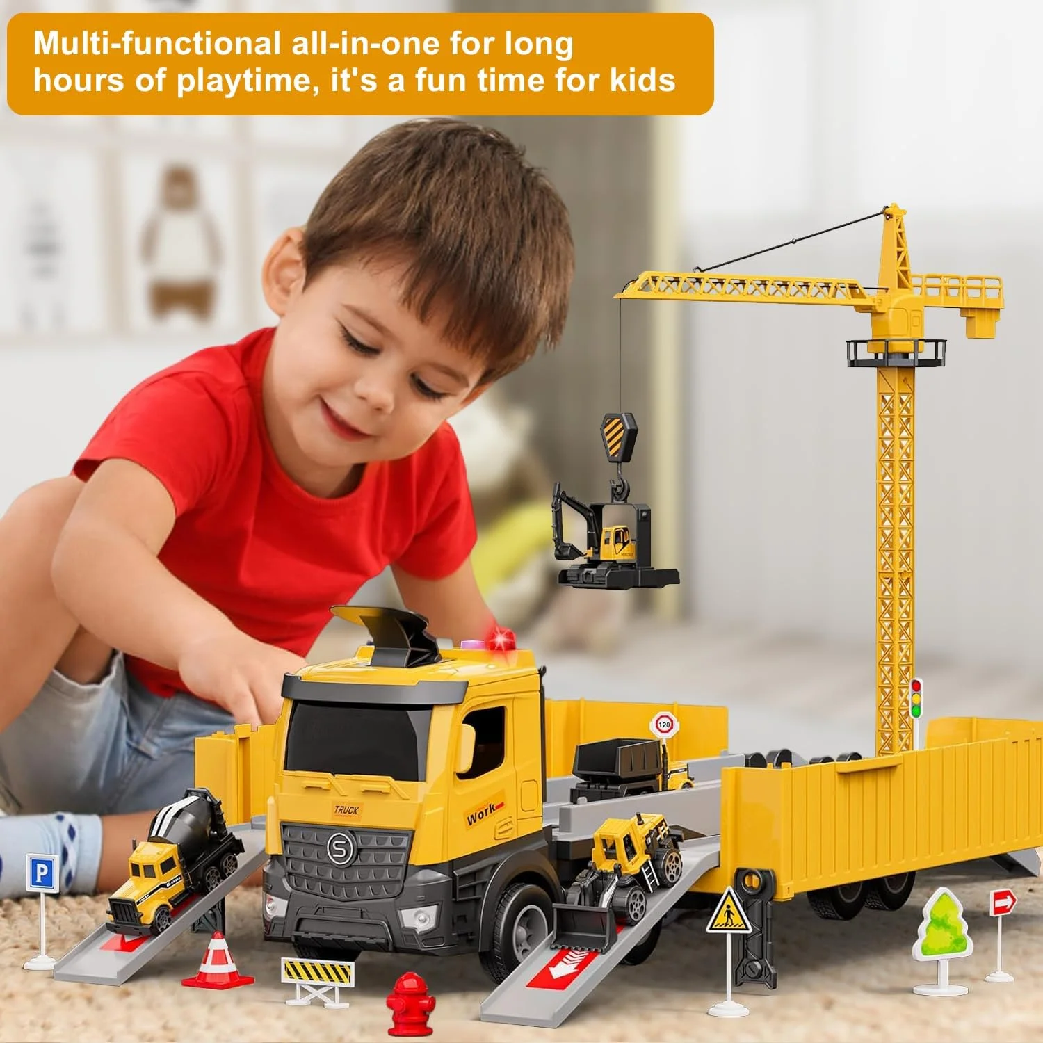 جرثقیل کامیونی اسباب بازی ساخت و ساز برای کودکان - مجموعه ماشین های مسابقه ای کامیونی، بیل مکانیکی، بولدوزر، کامیون های کمپرسی، کامیون حمل سیمان، هدیه تولد، عید پاک، کریسمس برای پسران و دختران 2+ 3 4 5 6 7 8 ساله