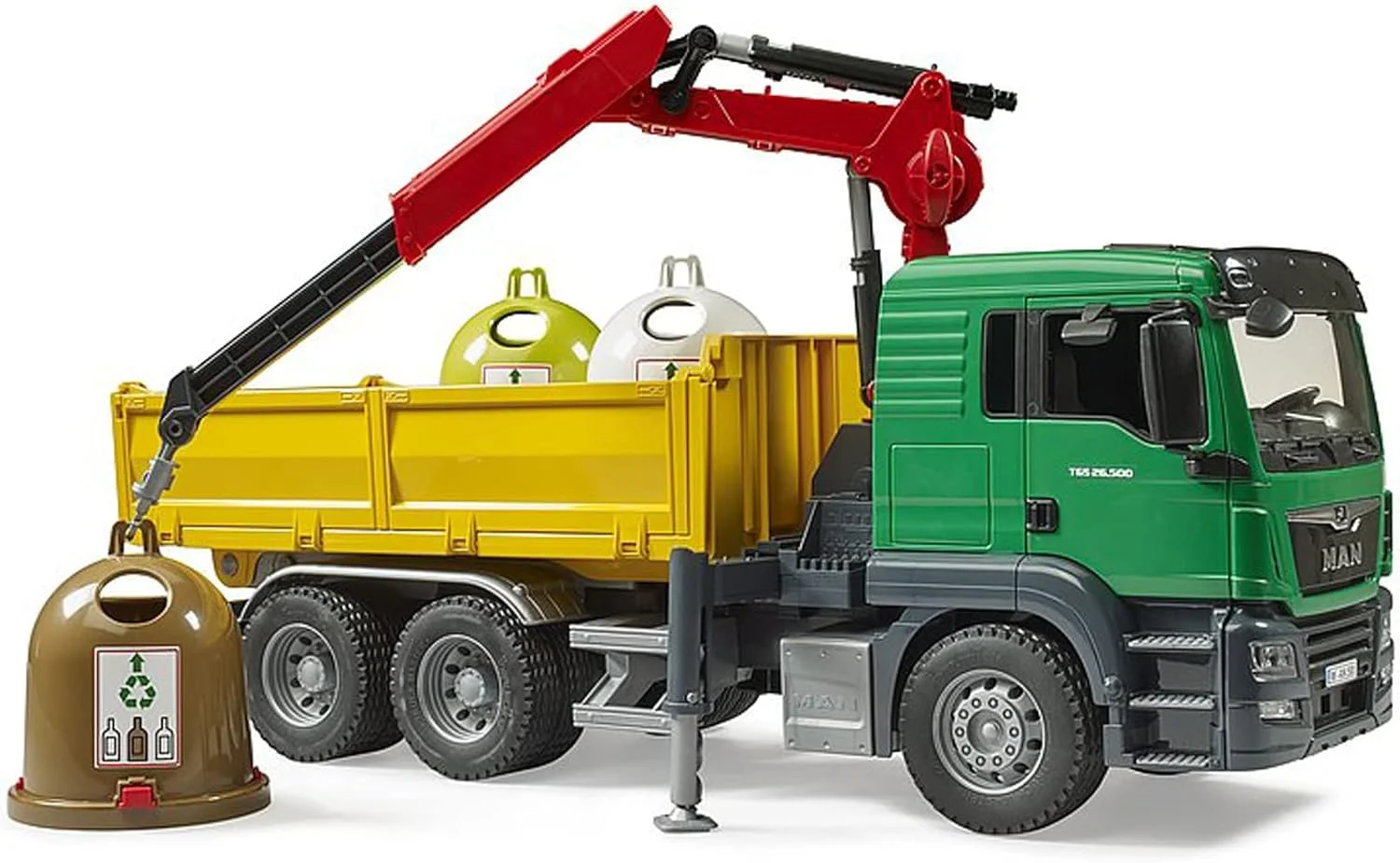 کامیون MAN TGS Bruder 03753 با جرثقیل بارگیری، 3 مخزن بازیافت و بطری