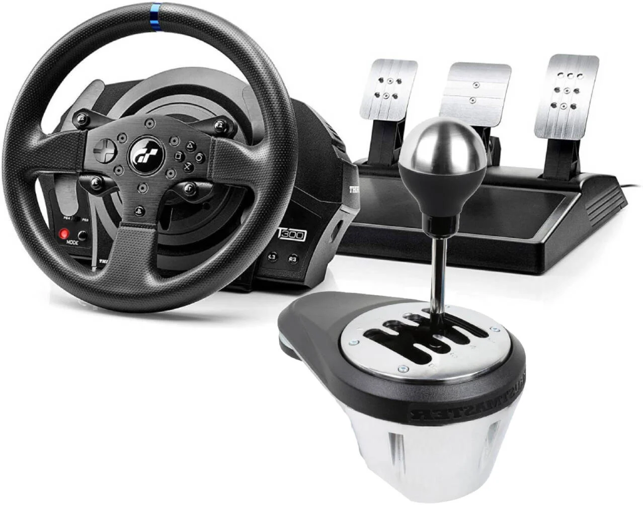 بسته فرمان مسابقه ای Thrustmaster T300RS GT به همراه دسته دنده TH8A برای PS5 و PC - فرمان 1080 درجه، دسته دنده فلزی، سنسورهای مغناطیسی، پدال های T3PA-GT، دارای مجوز رسمی
