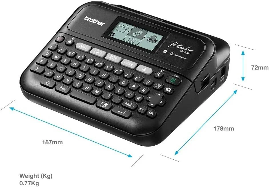 چاپگر لیبل رومیزی چند منظوره Brother PT-D460BT | لیبل زن رومیزی P-Touch | صفحه کلید QWERTY | لیبل های بسیار بادوام تا عرض 18 میلی متر، دوشاخه UK