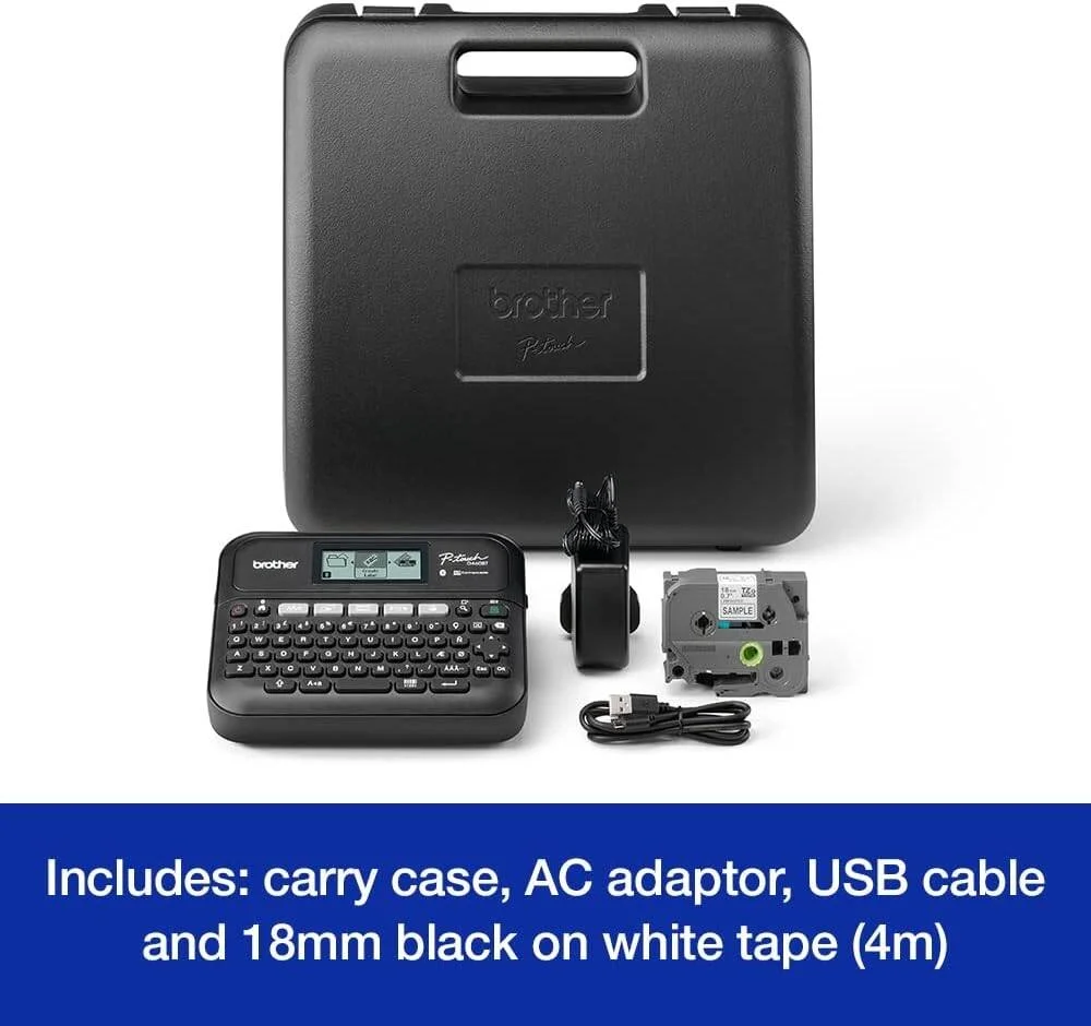 چاپگر لیبل رومیزی چند منظوره Brother PT-D460BT | لیبل زن رومیزی P-Touch | صفحه کلید QWERTY | لیبل های بسیار بادوام تا عرض 18 میلی متر، دوشاخه UK
