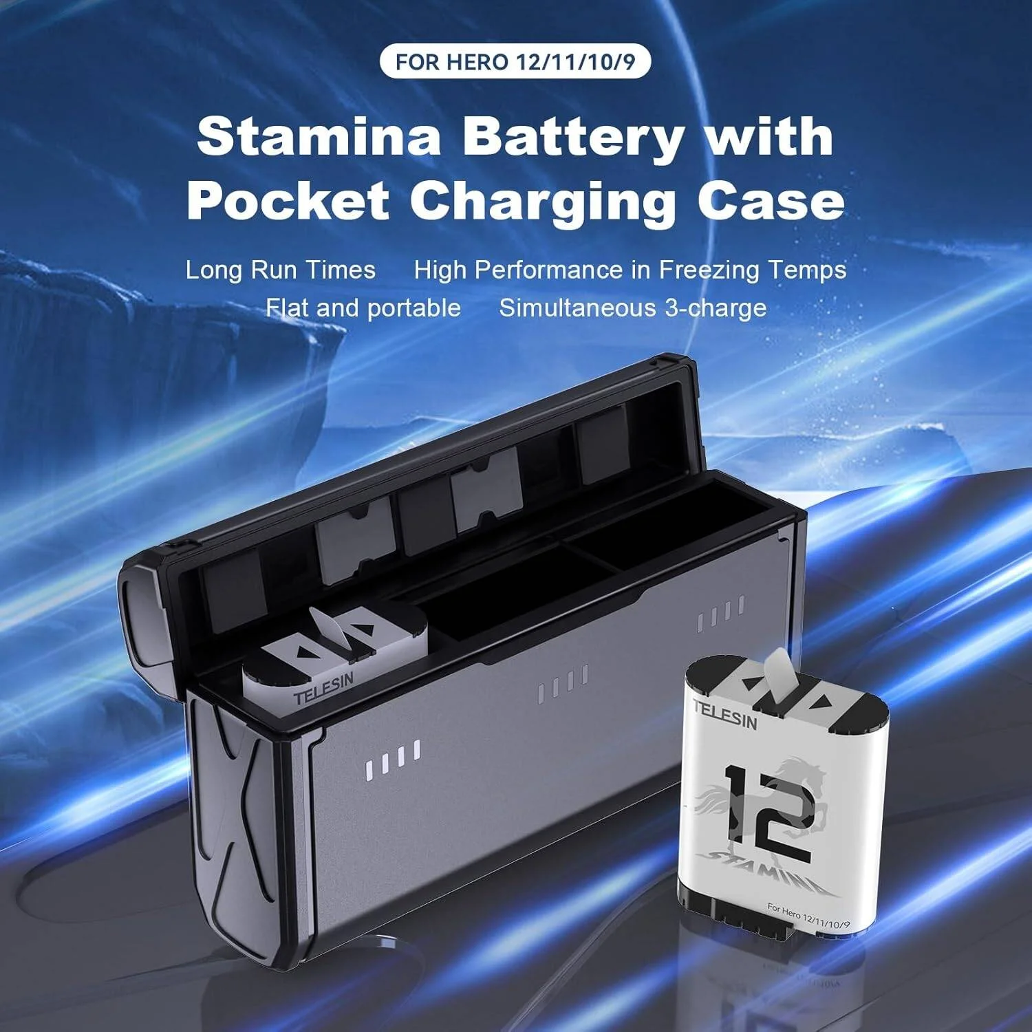 بسته باتری استامینا 2 عددی Telesin و جعبه شارژ ذخیره سازی جیبی چند منظوره با طراحی تخت برای GoPro HERO12/11/10/9